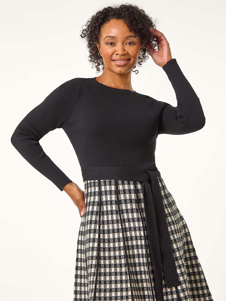 Roman Black Petite Contrast Check Knitted Dress - Image 1 of 5