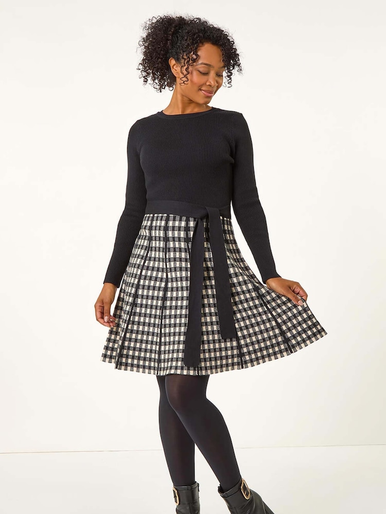Roman Black Petite Contrast Check Knitted Dress - Image 2 of 5