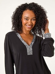 Roman Black Petite Sequin Trim Blouson Top - Image 4 of 5