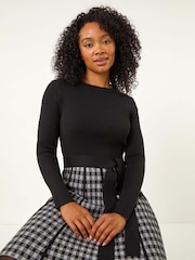 Roman Grey Petite Contrast Check Knitted Dress - Image 1 of 5