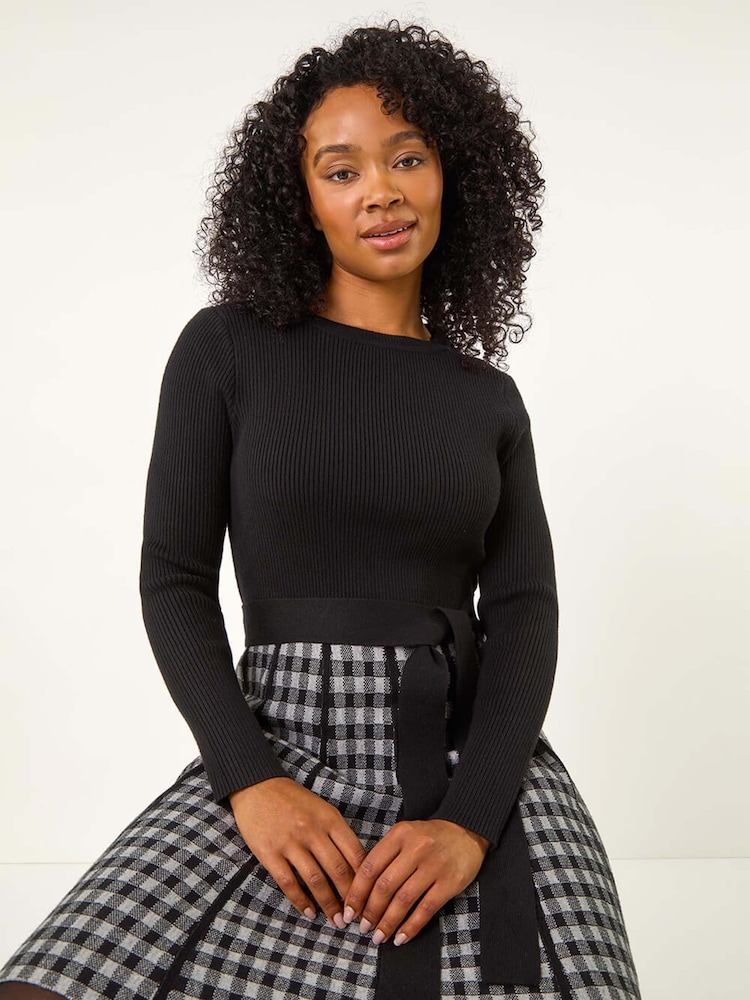 Roman Grey Petite Contrast Check Knitted Dress - Image 1 of 5