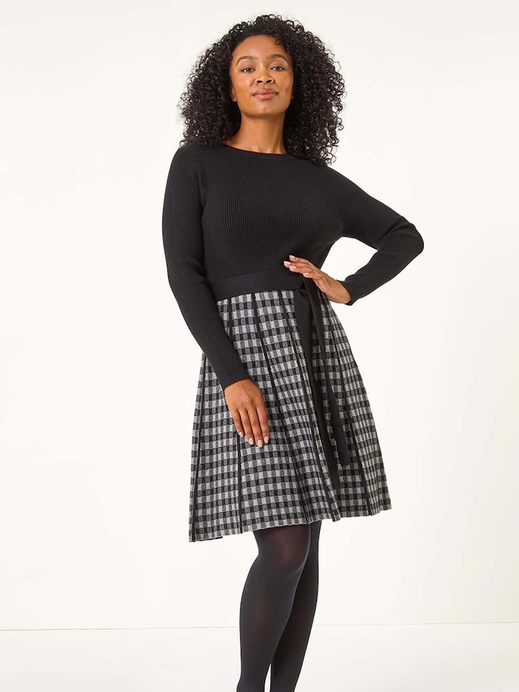 Roman Grey Petite Contrast Check Knitted Dress - Image 2 of 5