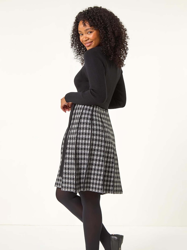 Roman Grey Petite Contrast Check Knitted Dress - Image 3 of 5