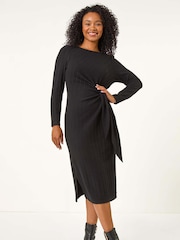 Roman Black Petite Brushed Tie Waist Stretch Midi Dress - Image 1 of 5