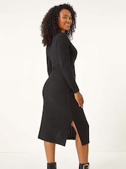Roman Black Petite Brushed Tie Waist Stretch Midi Dress - Image 3 of 5