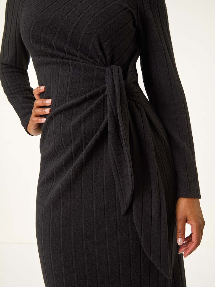 Roman Black Petite Brushed Tie Waist Stretch Midi Dress - Image 5 of 5
