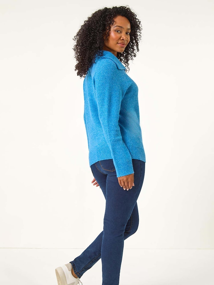 Roman Blue Petite Zip Detail Collared Jumper - Image 3 of 5