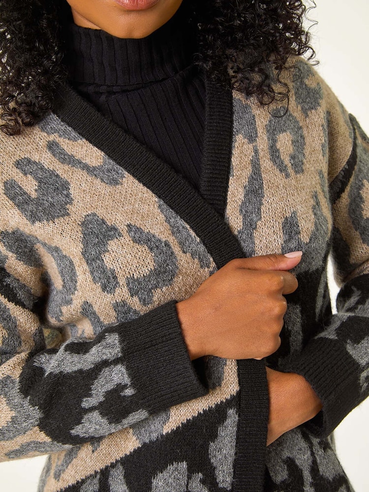 Roman Black Petite Animal Print Contrast Cardigan - Image 5 of 5