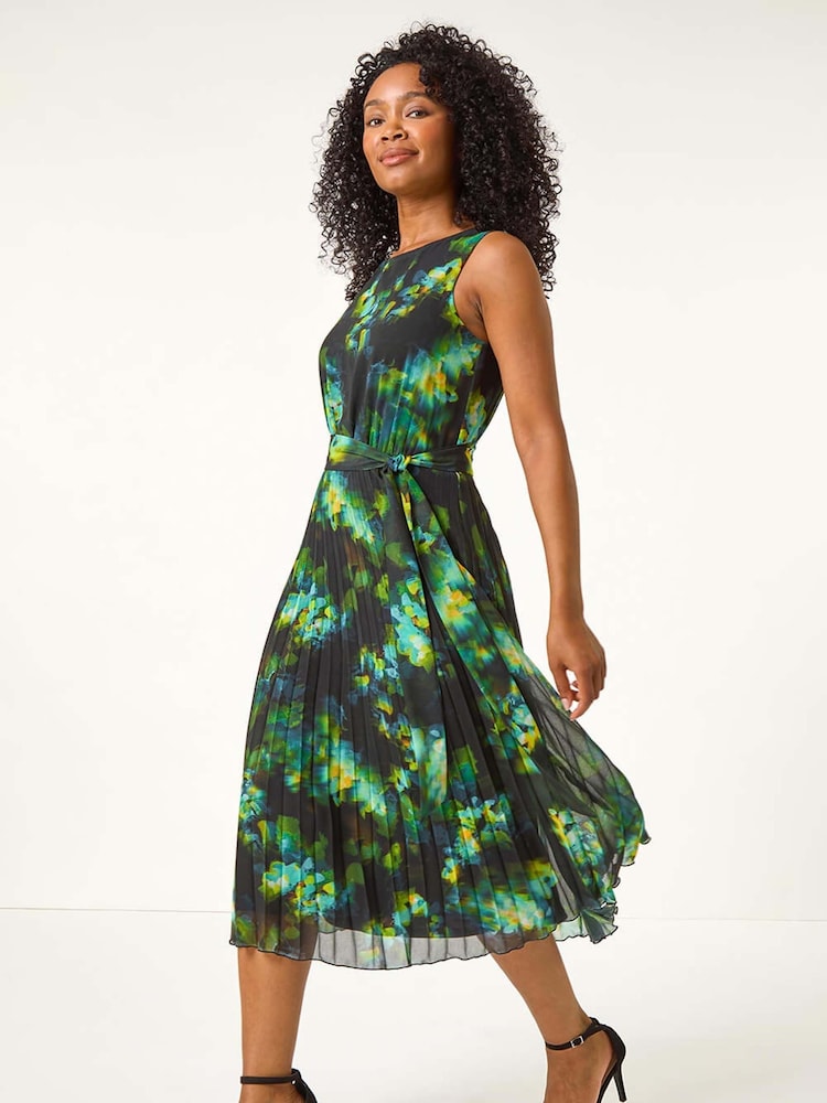 Roman Green Petite Floral Print Pleated Midi Dress - Image 1 of 6