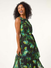 Roman Green Petite Floral Print Pleated Midi Dress - Image 3 of 6