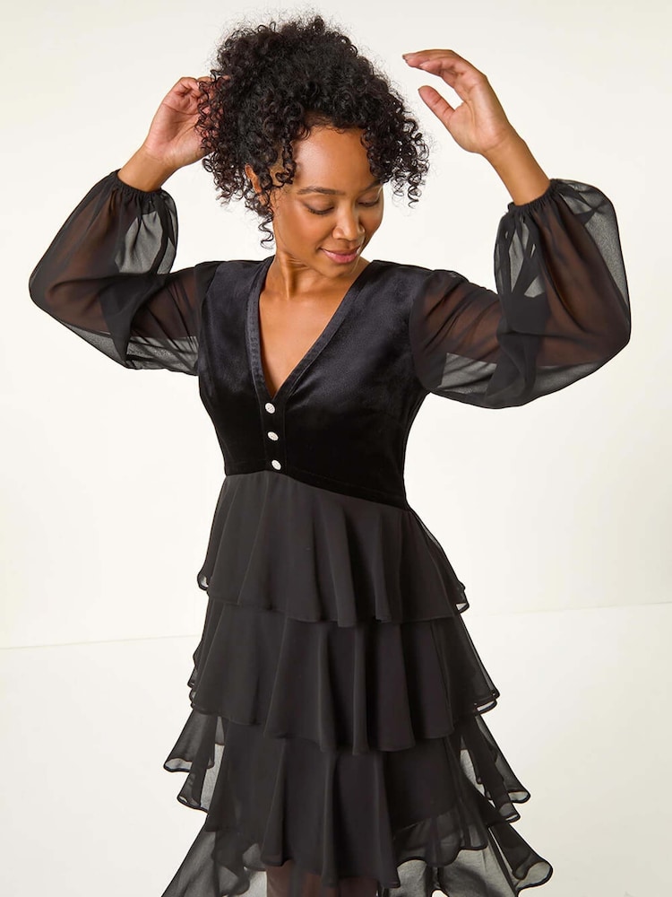Roman Black Petite Velvet Bodice Layered Dress - Image 1 of 5