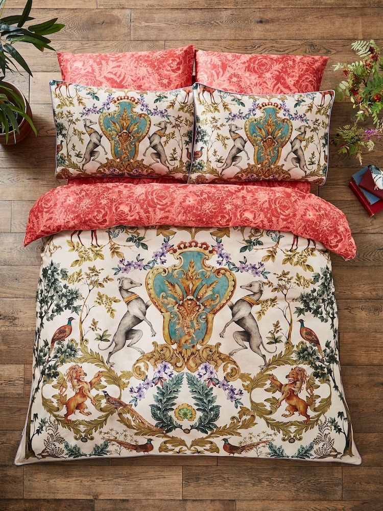 Joe Browns Cream Crest and Floral Print Reversible 200TC Cotton Sateen Duvet Cover and Pillowcase Set - Image 1 of 5