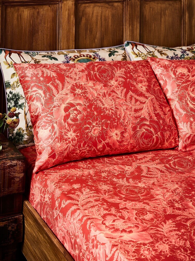 Joe Browns Red Hand-Painted Floral Print 200TC Cotton Sateen Fitted Sheet - Image 1 of 1 Joe Browns Red Hand-Painted Floral Print 200TC Cotton Sateen Fitted Sheet - Image 1 of 1