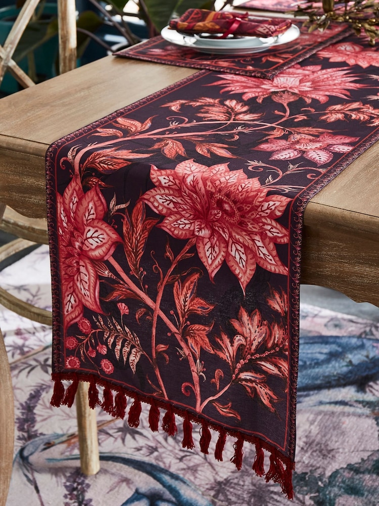Joe Browns Purple Tasselled Hand-Painted Floral Cotton Table Runner - Image 1 of 3