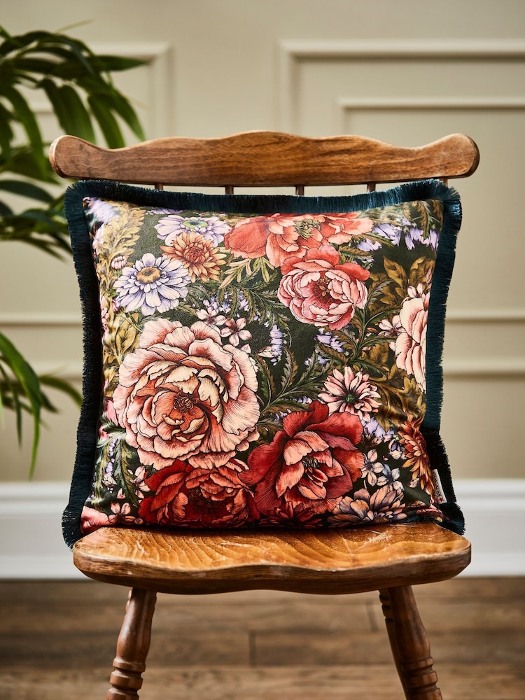 Joe Browns Green Reversible Floral Velvet Fringed Cushion - Image 1 of 6