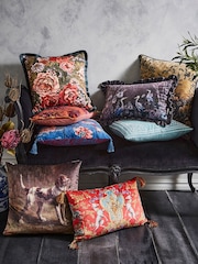 Joe Browns Green Reversible Floral Velvet Fringed Cushion - Image 4 of 6