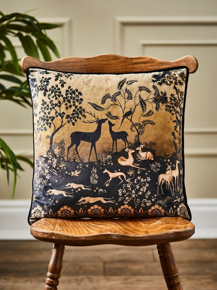 Joe Browns Black Reversible Autumn Forest Velvet Cushion - Image 1 of 5