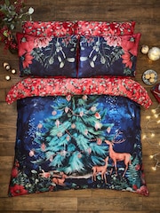 Joe Browns Blue Reversible Christmas Mistletoe 200TC Cotton Sateen Duvet Cover and Pillowcase Set - Image 1 of 7