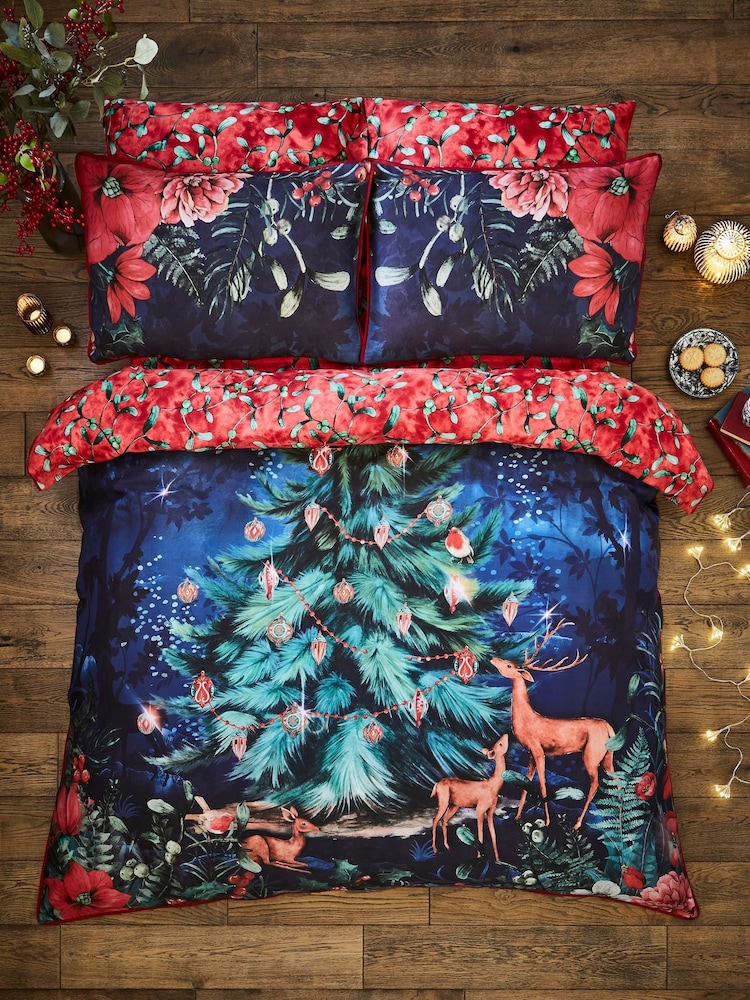 Joe Browns Blue Reversible Christmas Mistletoe 200TC Cotton Sateen Duvet Cover and Pillowcase Set - Image 1 of 7
