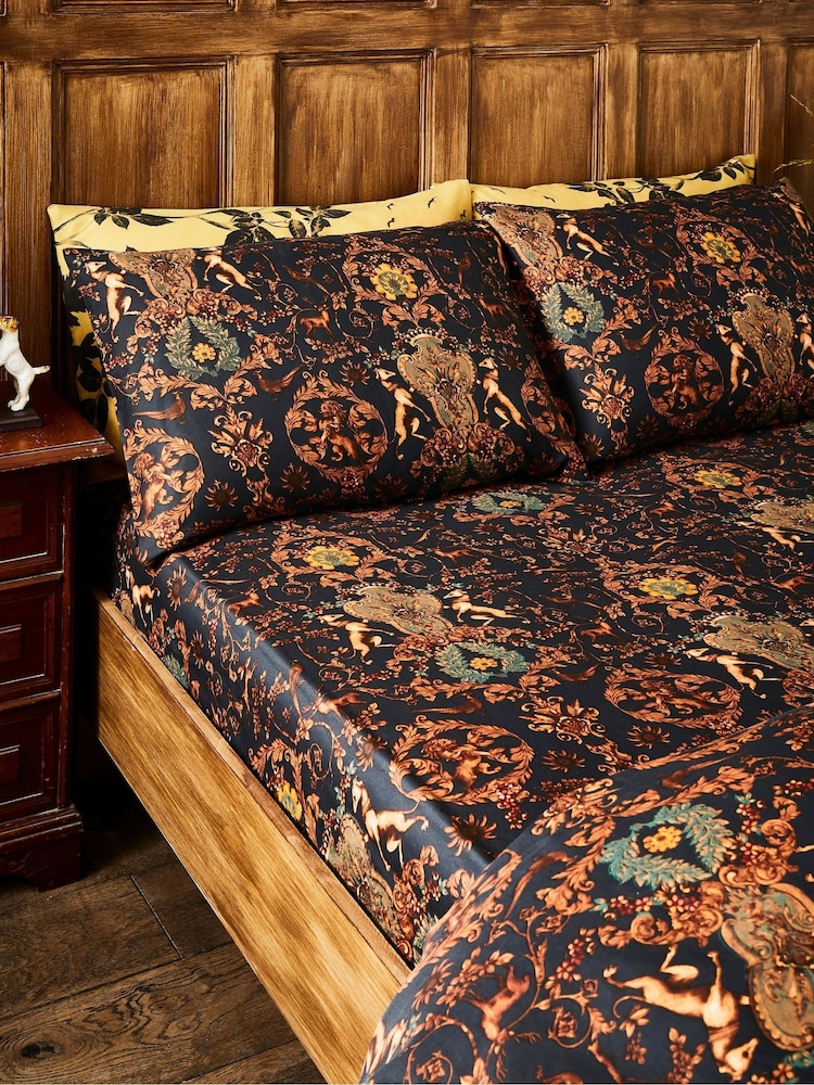 Joe Browns Black Opulent Crest Print 200TC Cotton Sateen Fitted Sheet - Image 1 of 2