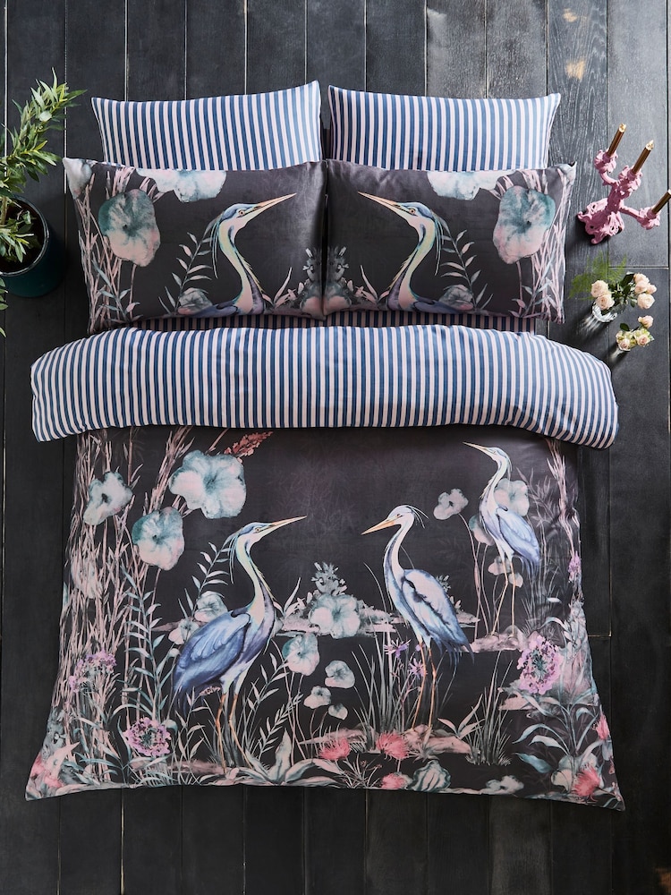 Joe Browns Grey Reversible Hand-Painted Heron 200TC Cotton Sateen Duvet Cover and Pillowcase Set - Image 1 of 4