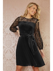 Yumi Black Velvet Skater Dress With Lace Sleeves - Image 1 of 5