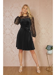 Yumi Black Velvet Skater Dress With Lace Sleeves - Image 2 of 5