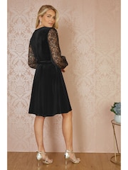 Yumi Black Velvet Skater Dress With Lace Sleeves - Image 3 of 5