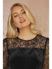 Yumi Black Velvet Skater Dress With Lace Sleeves - Image 4 of 5