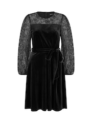 Yumi Black Velvet Skater Dress With Lace Sleeves - Image 5 of 5