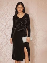 Yumi Black Velvet V-Neck Fitted Ruched Midi Dress - Image 1 of 5