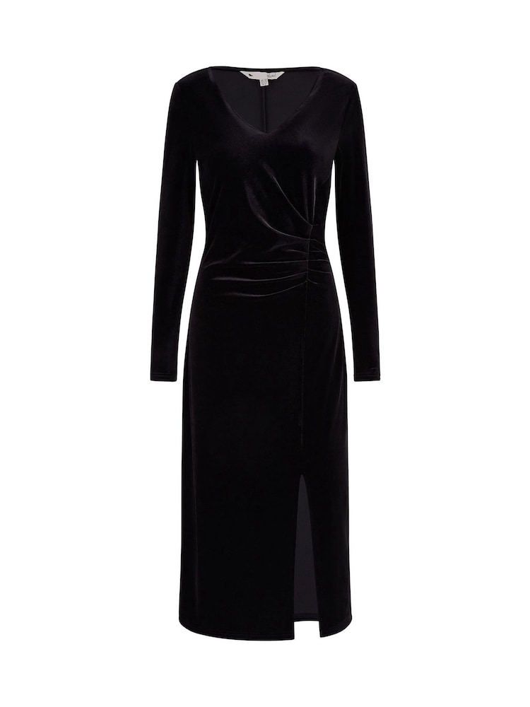Yumi Black Velvet V-Neck Fitted Ruched Midi Dress - Image 5 of 5