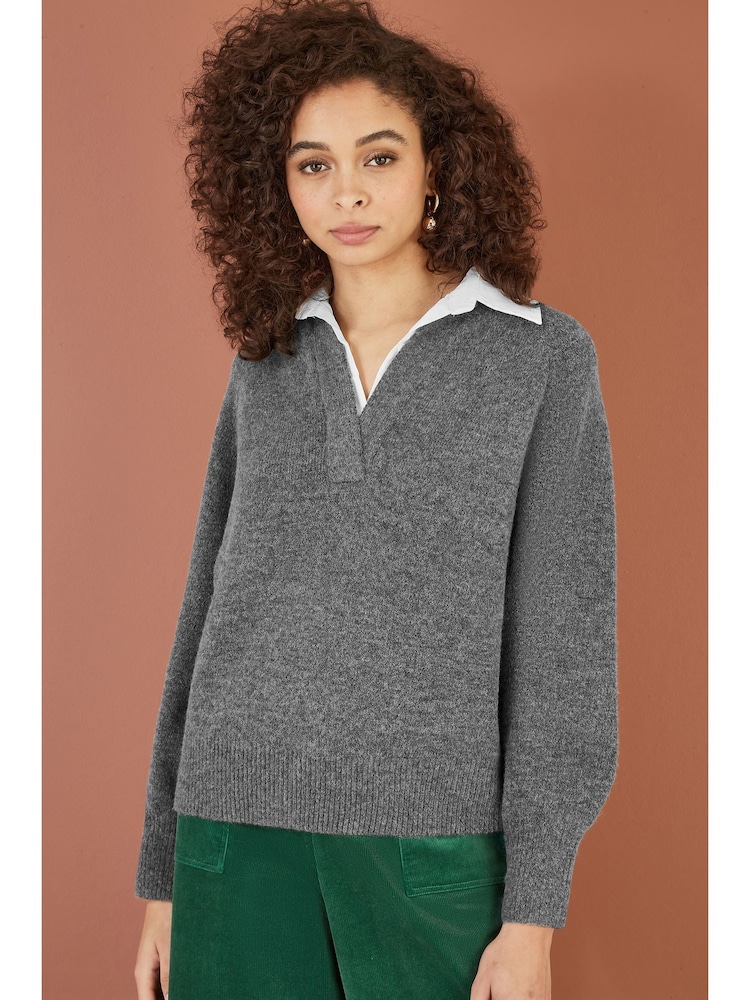 Yumi Grey Knitted Jumper With Collar Detail - Image 1 of 5