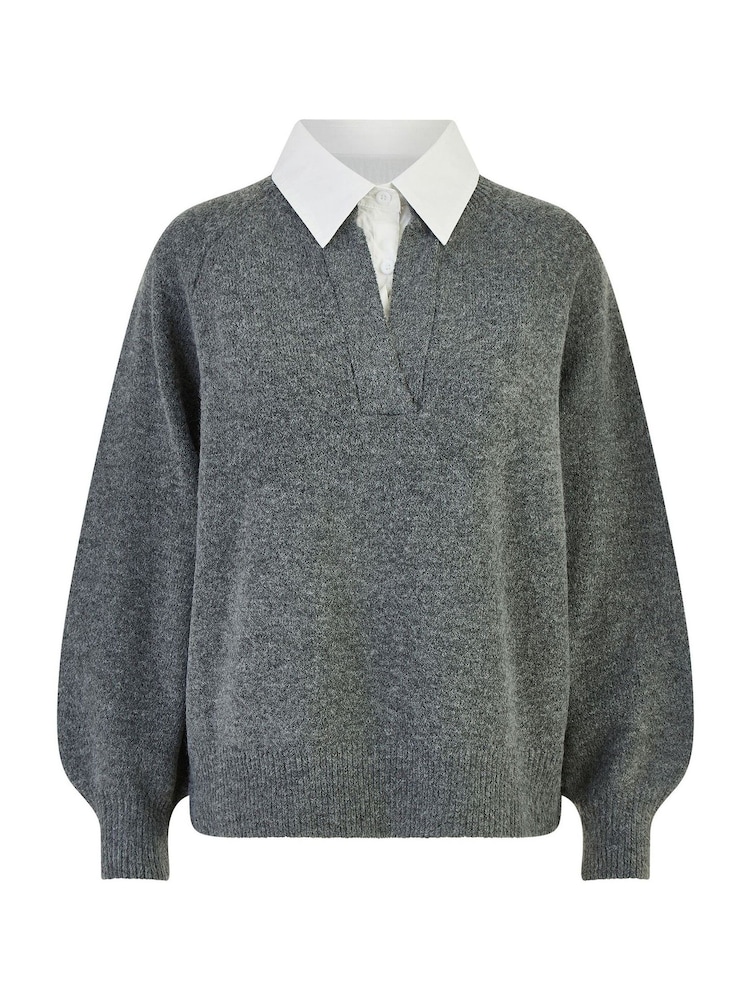 Yumi Grey Knitted Jumper With Collar Detail - Image 5 of 5