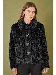 Yumi Black Luxe Textured Faux Fur Jacket With Pockets - Image 1 of 4