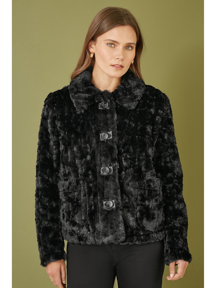 Yumi Black Luxe Textured Faux Fur Jacket With Pockets - Image 1 of 4
