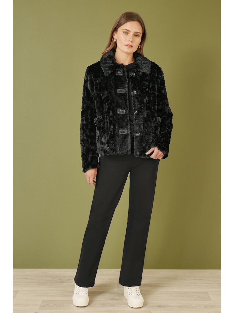 Yumi Black Luxe Textured Faux Fur Jacket With Pockets - Image 2 of 4