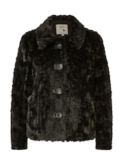 Yumi Black Luxe Textured Faux Fur Jacket With Pockets - Image 4 of 4