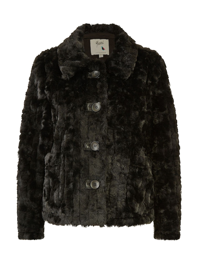 Yumi Black Luxe Textured Faux Fur Jacket With Pockets - Image 4 of 4