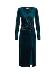 Yumi Green Velvet V-Neck Fitted Ruched Midi Dress - Image 5 of 5