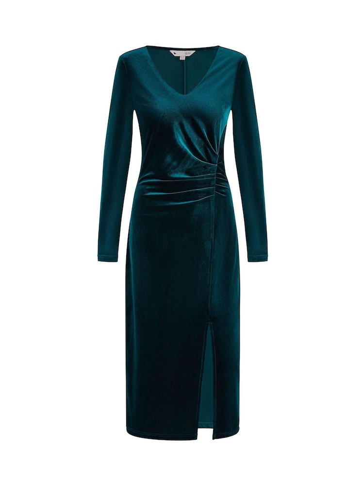 Yumi Green Velvet V-Neck Fitted Ruched Midi Dress - Image 5 of 5