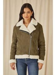 Yumi Green Faux Suede And Shearling Biker Jacket - Image 1 of 5