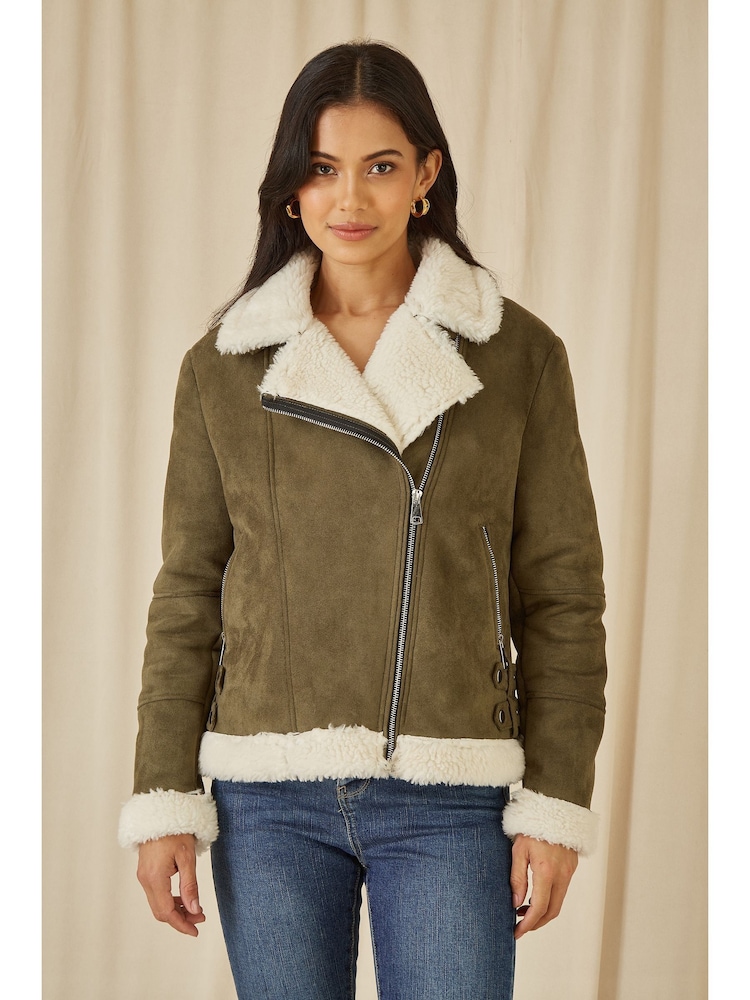 Yumi Green Faux Suede And Shearling Biker Jacket - Image 1 of 5