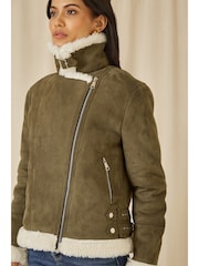 Yumi Green Faux Suede And Shearling Biker Jacket - Image 4 of 5