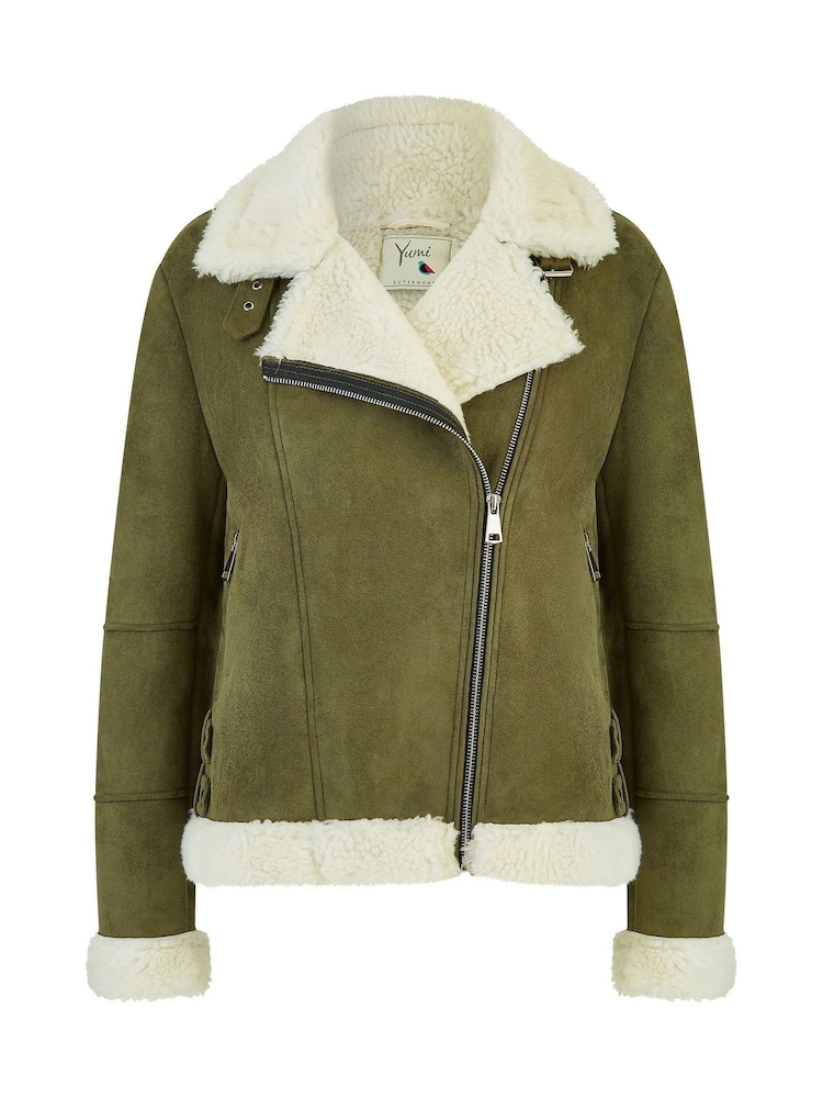 Yumi Green Faux Suede And Shearling Biker Jacket - Image 5 of 5