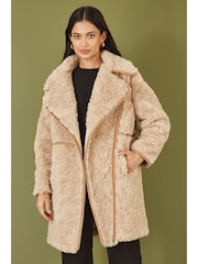 Yumi Natural Textured Borg Long Line Biker Coat - Image 1 of 5