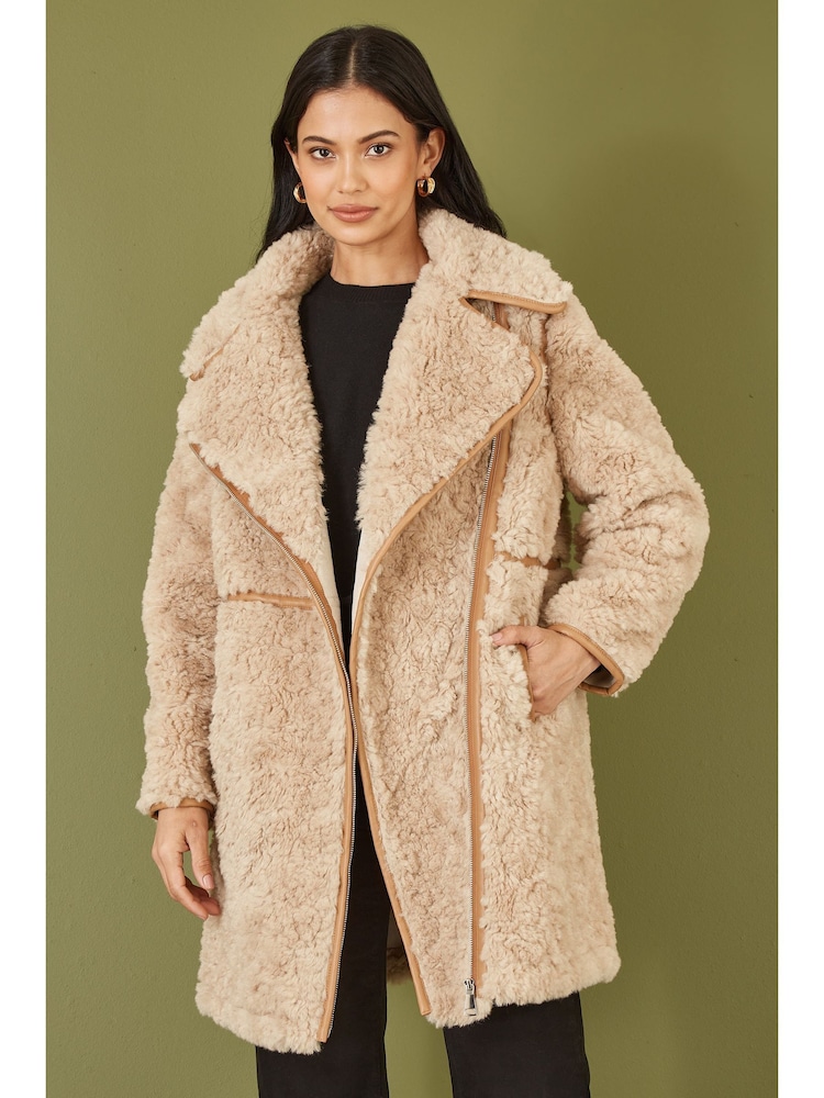 Yumi Natural Textured Borg Long Line Biker Coat - Image 1 of 5