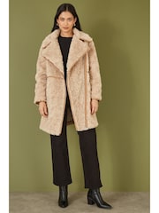 Yumi Natural Textured Borg Long Line Biker Coat - Image 2 of 5
