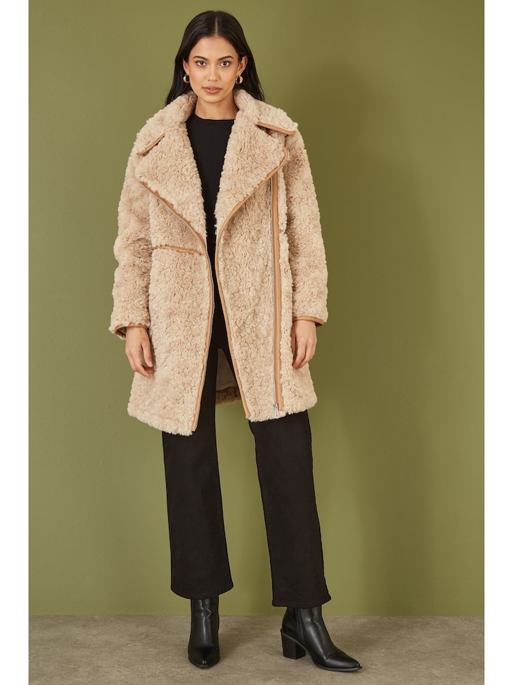 Yumi Natural Textured Borg Long Line Biker Coat - Image 2 of 5