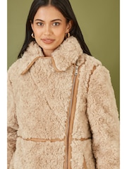 Yumi Natural Textured Borg Long Line Biker Coat - Image 4 of 5